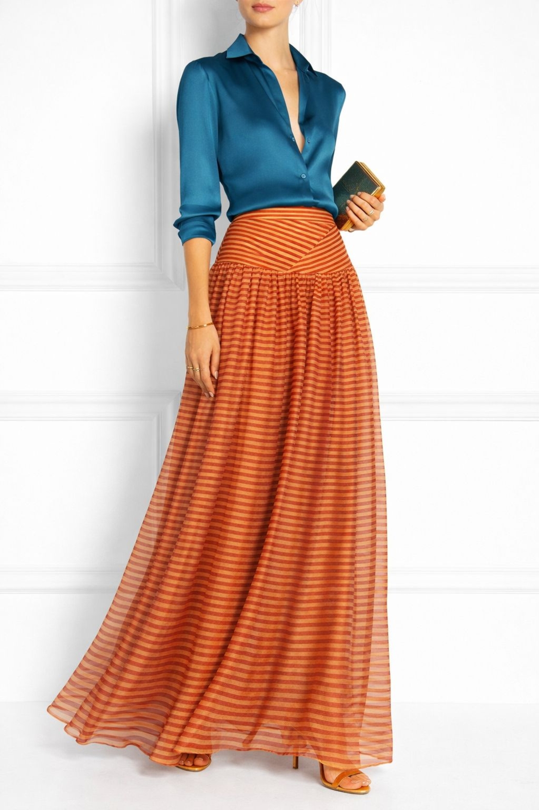 2 מטר אריג שיפון פסים כתום בריק וצהוב מוזהב