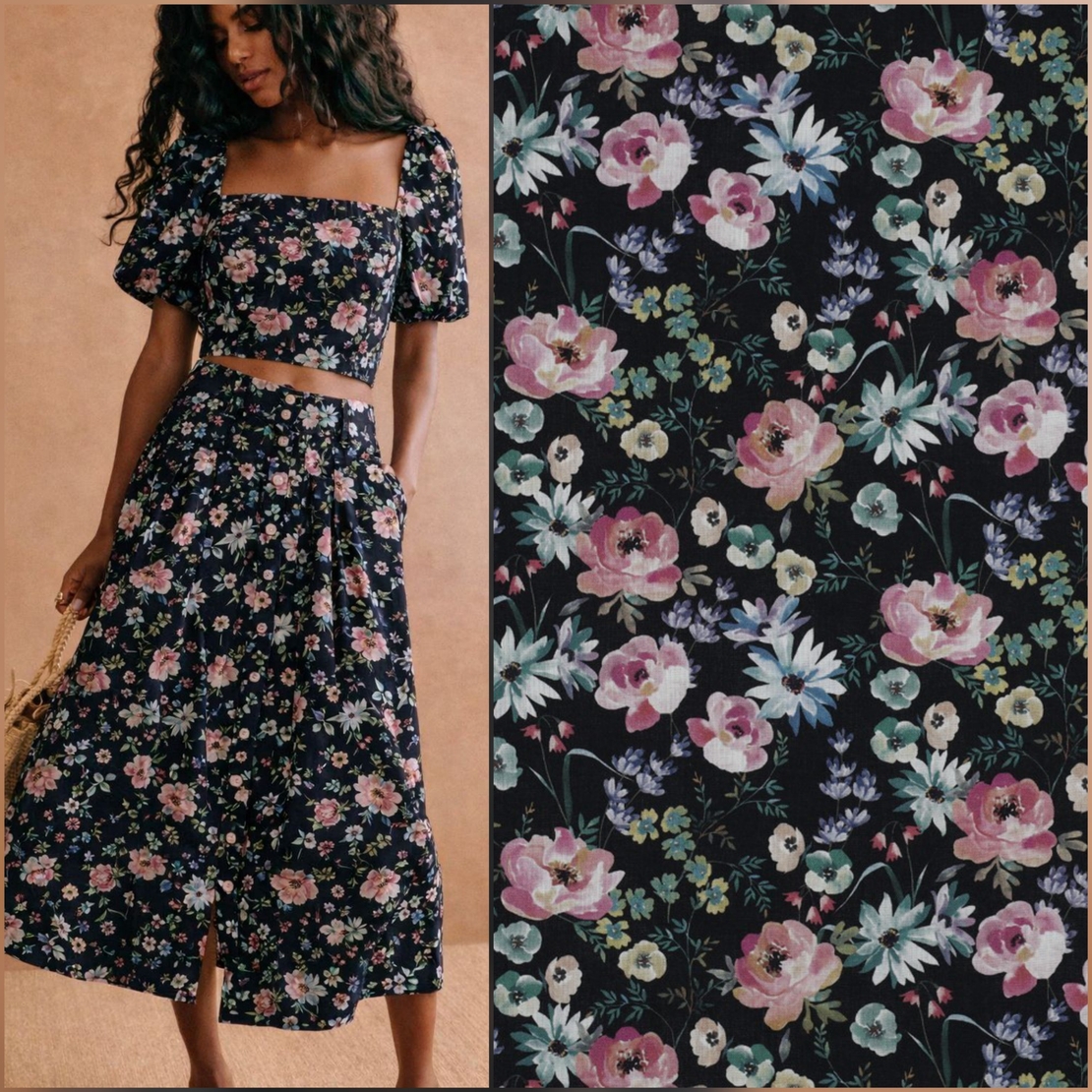 אריג כותנה דפוס פרחים בסגנון כפרי על רקע שחור