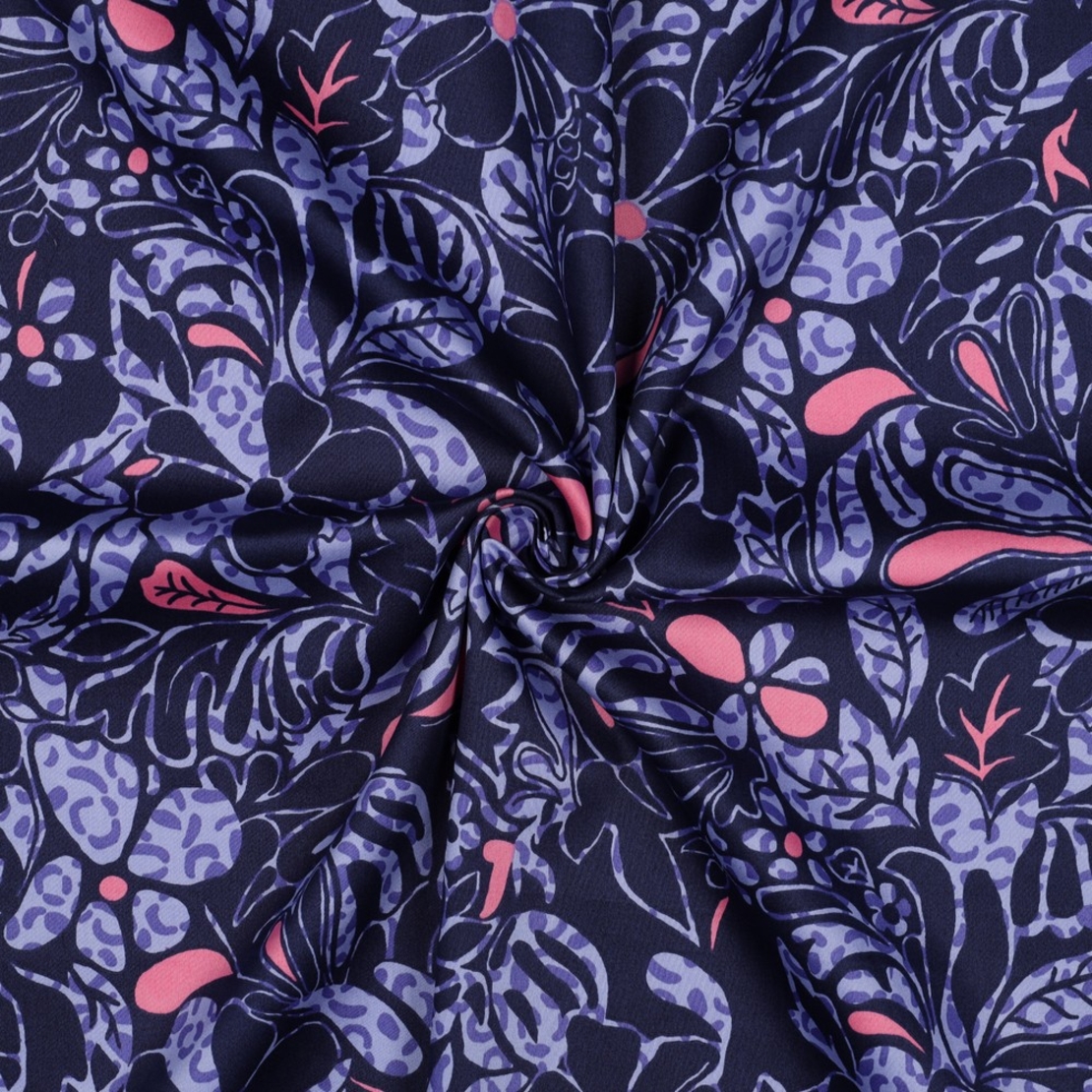 אריג כותנה סטן דפוס עלים טרופיים על רקע סגלגל