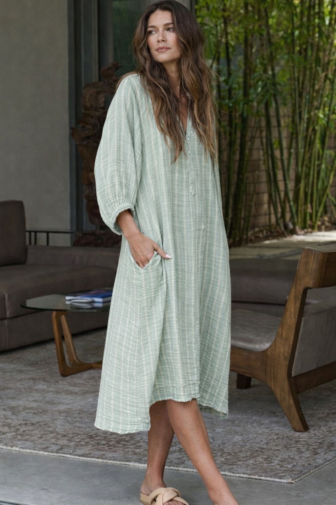 אריג דאבל טטרה דפוס פסים על רקע ירוק