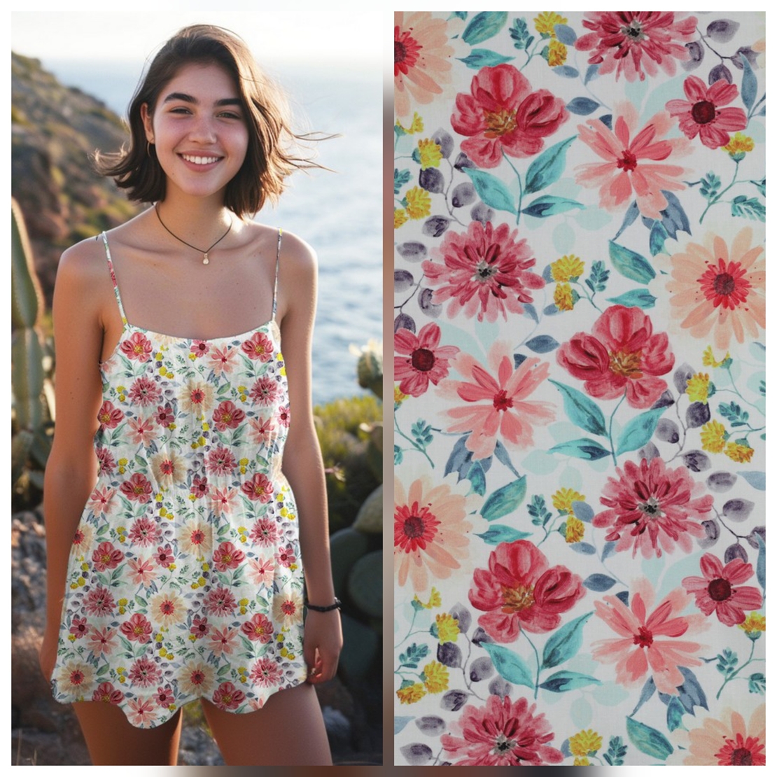 אריג כותנה דפוס פרחים דיגיטלי גווני אדום דגם שיר