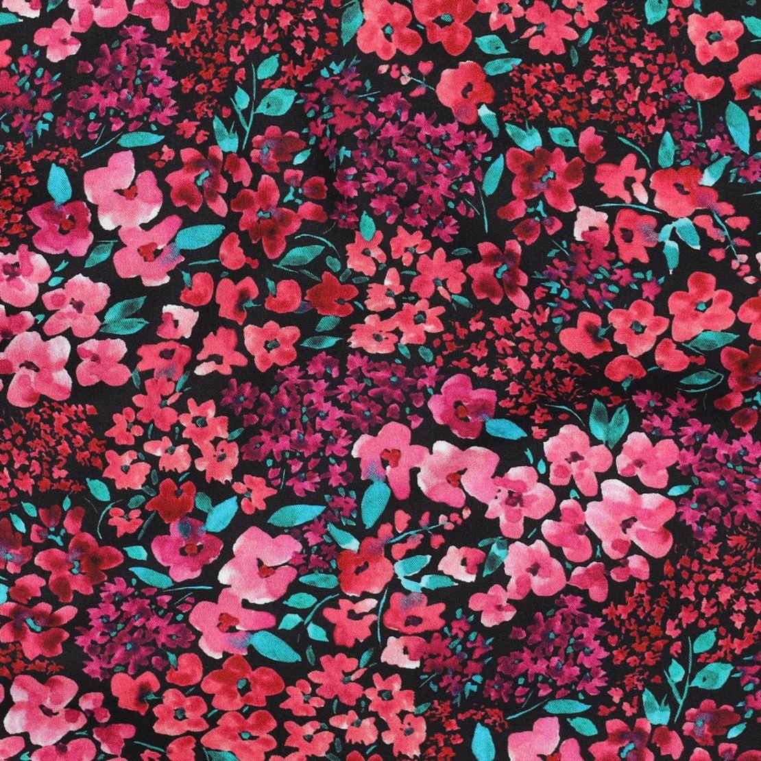 אריג כותנה דפוס פריחה מרהיבה על רקע שחור