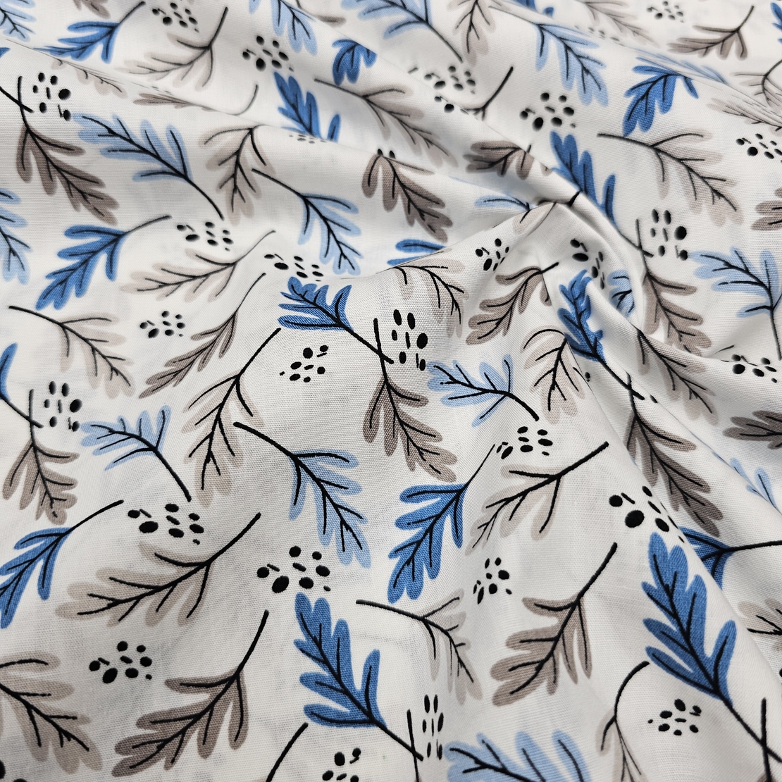 אריג כותנה דפוס עלעלים גווני כחול