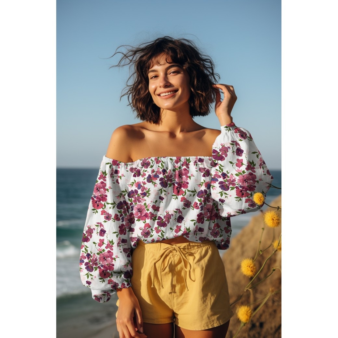 אריג ויסקוזה ECOVERO דפוס רומנטי על רקע לבן חם