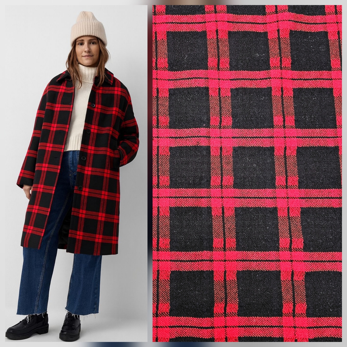 אריג צמר משבצות גווני אדום חי ושחור