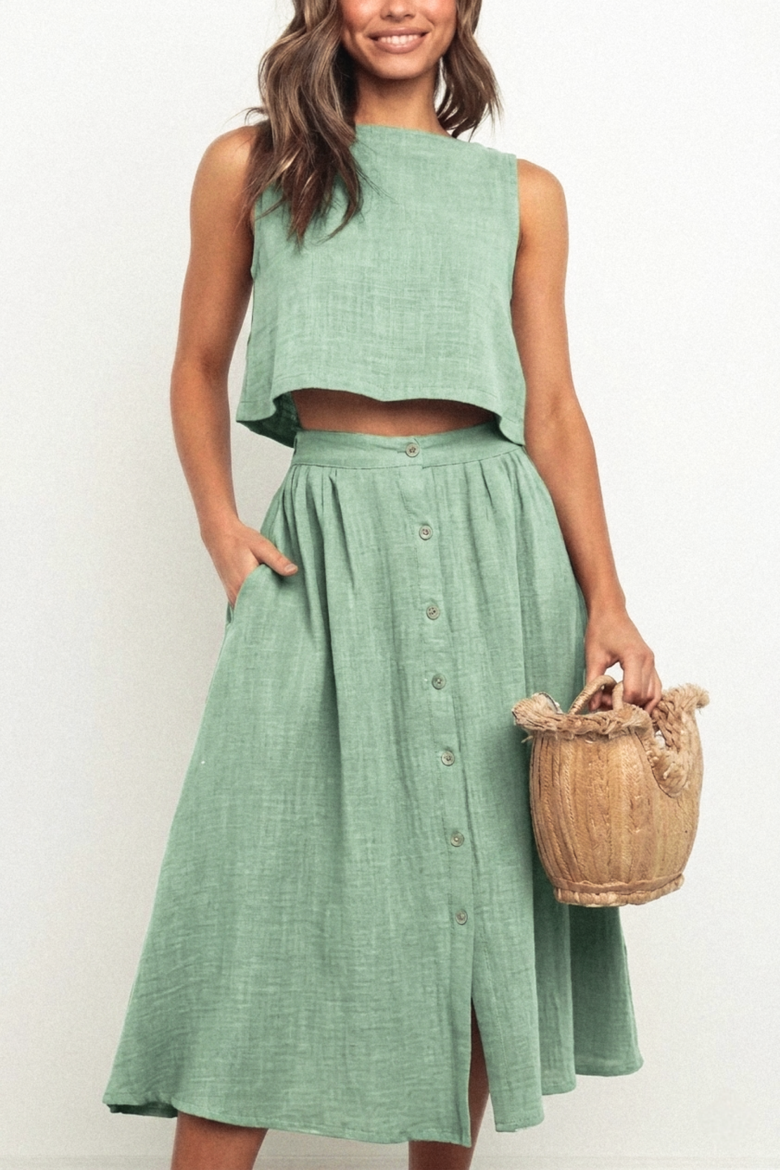 אריג פשתן מכובס צבע ירוק בהיר