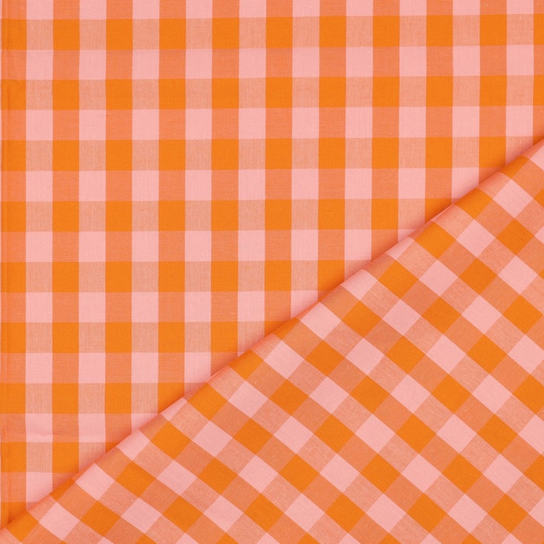 אריג כותנה משבצות גווני כתום וסלמון