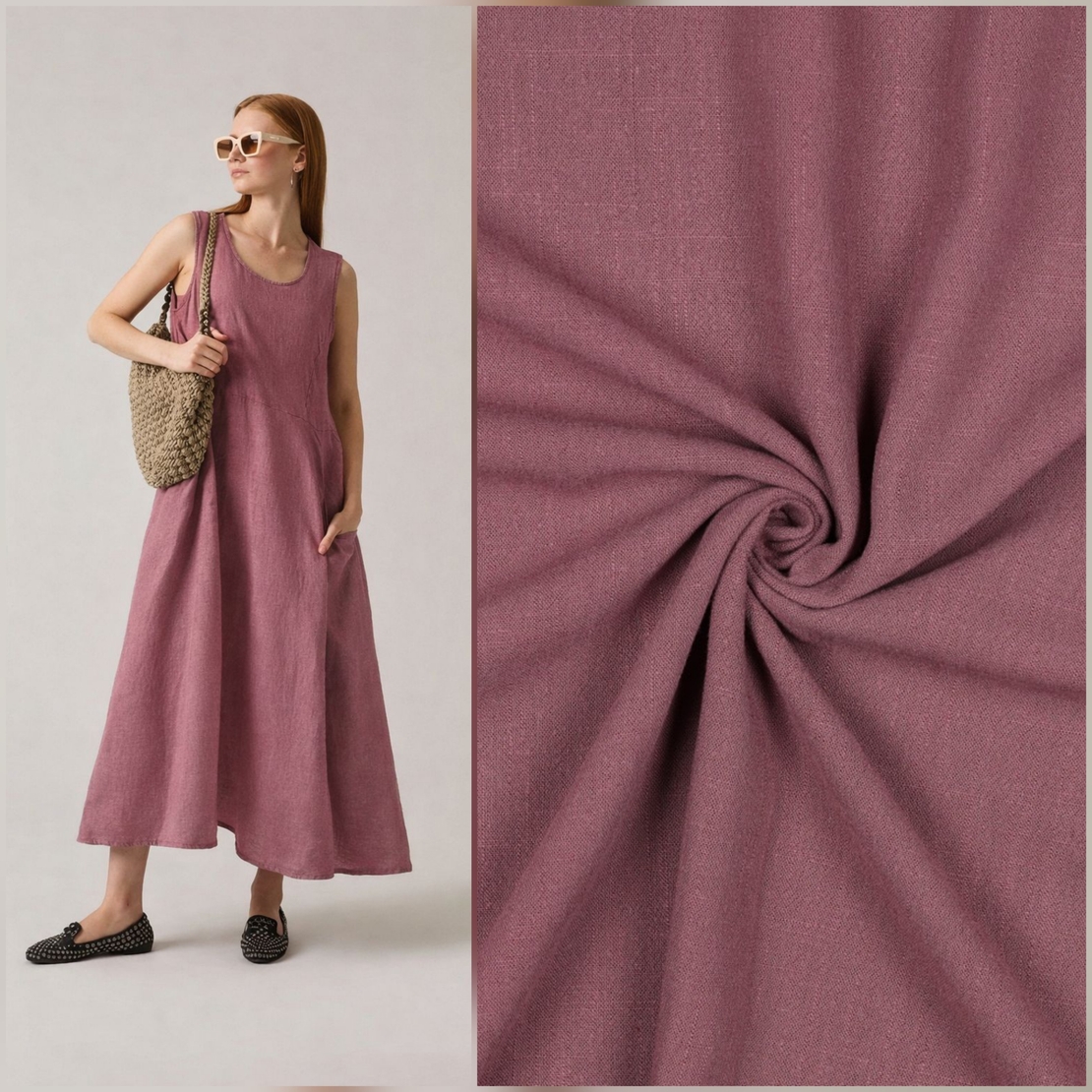 אריג פשתן ויסקוזה מכובס  צבע ורוד מעושן