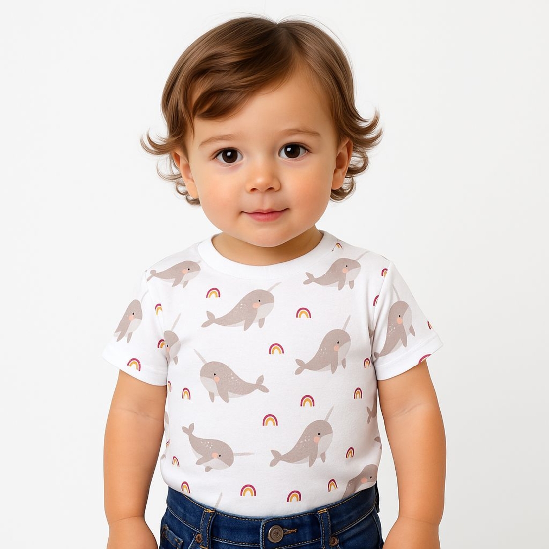 טריקו דפוס ליויתנים שוחים על רקע שמנת