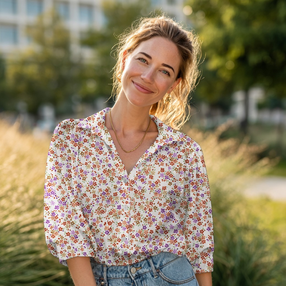 אריג כותנה דפוס פריחה אורבנית על רקע לבן חם