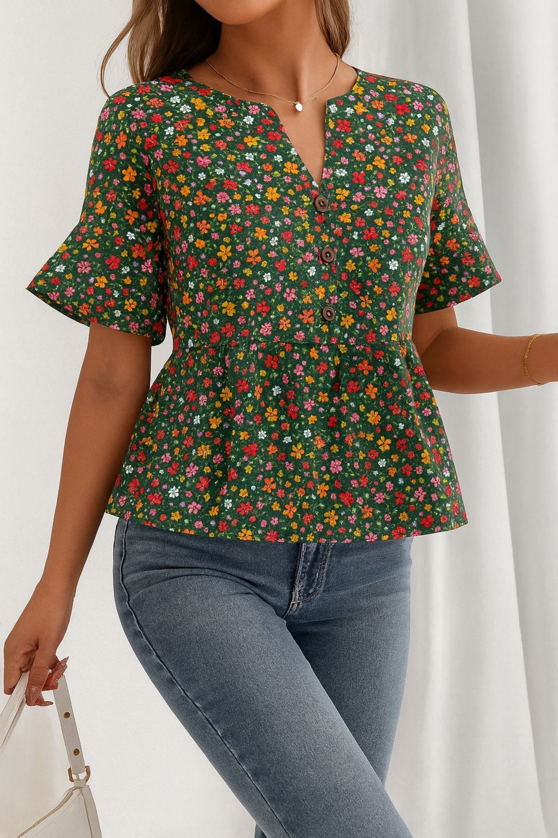 אריג כותנה דפוס פרחים שמחים על רקע ירוק דגם אתי