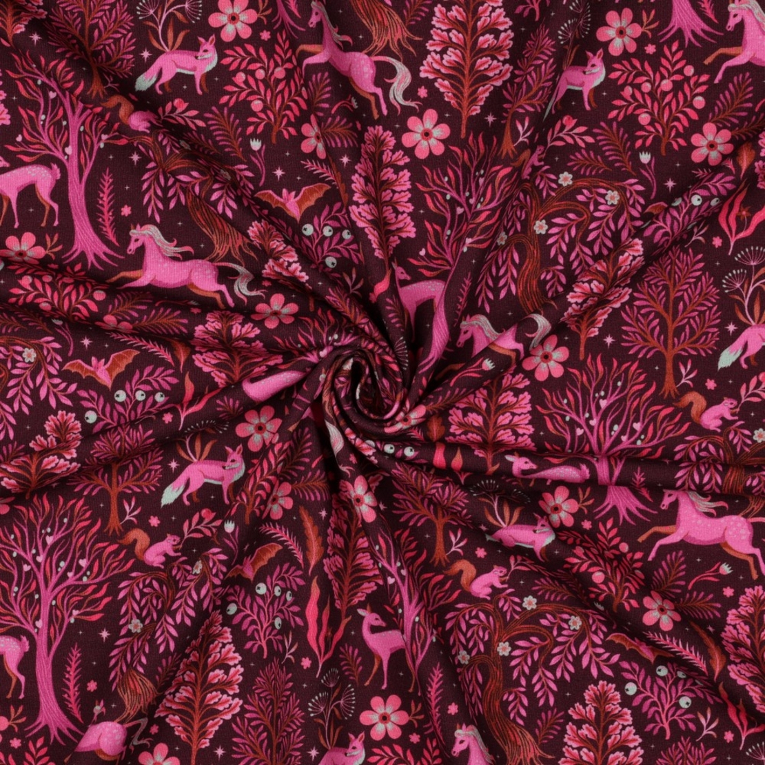 פרנץ טרי דפוס דיגיטלי חיות היער על רקע בורדו