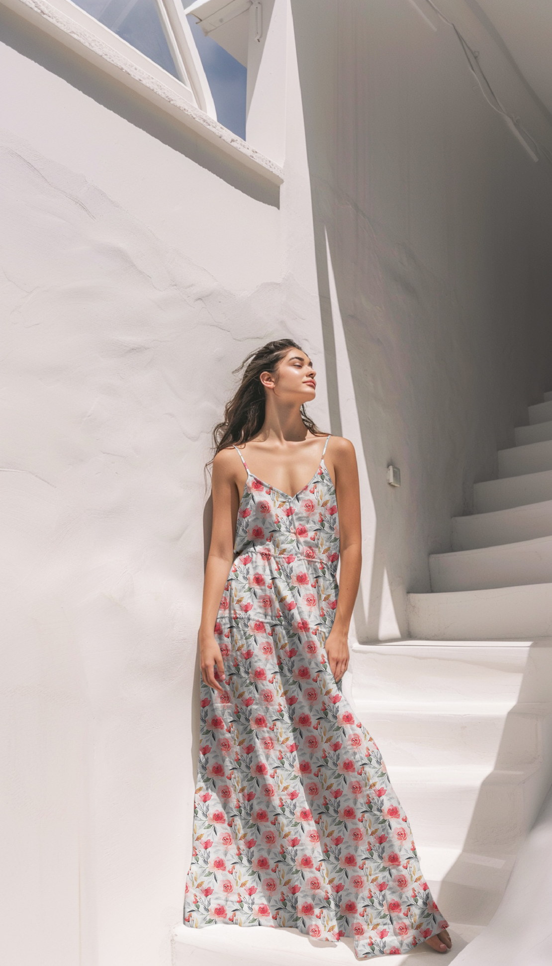 אריג כותנה וואל דפוס שושנים רקע לבן