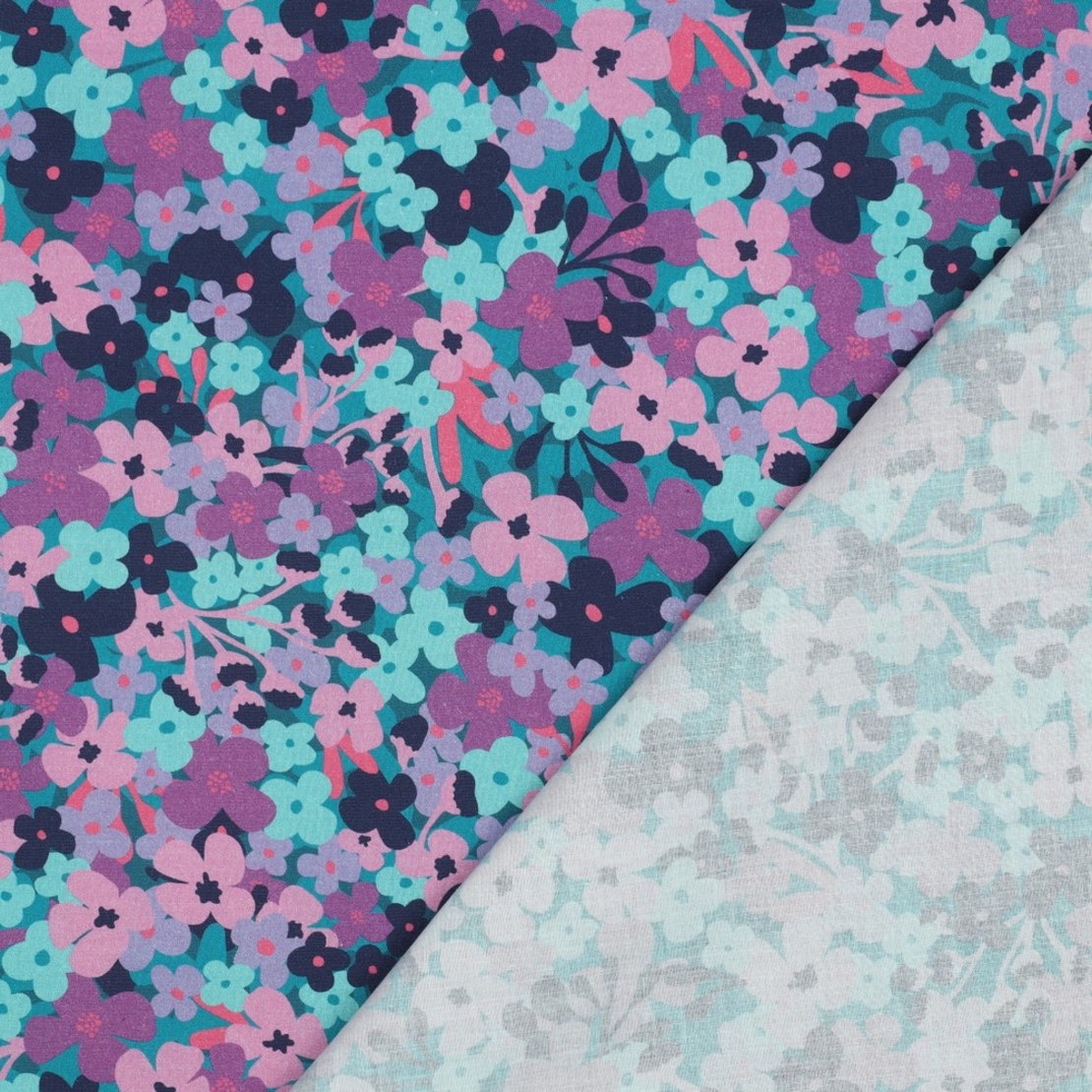 אריג כותנה עמיד במים דפוס פרחים גווני סגול פטרול ומנטה