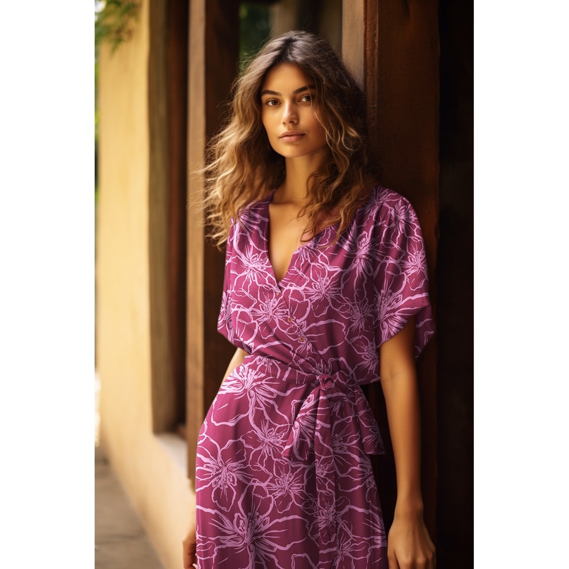 אריג ויסקוזה דפוס פרחי מגנוליה מצויירים על רקע דומדמניות