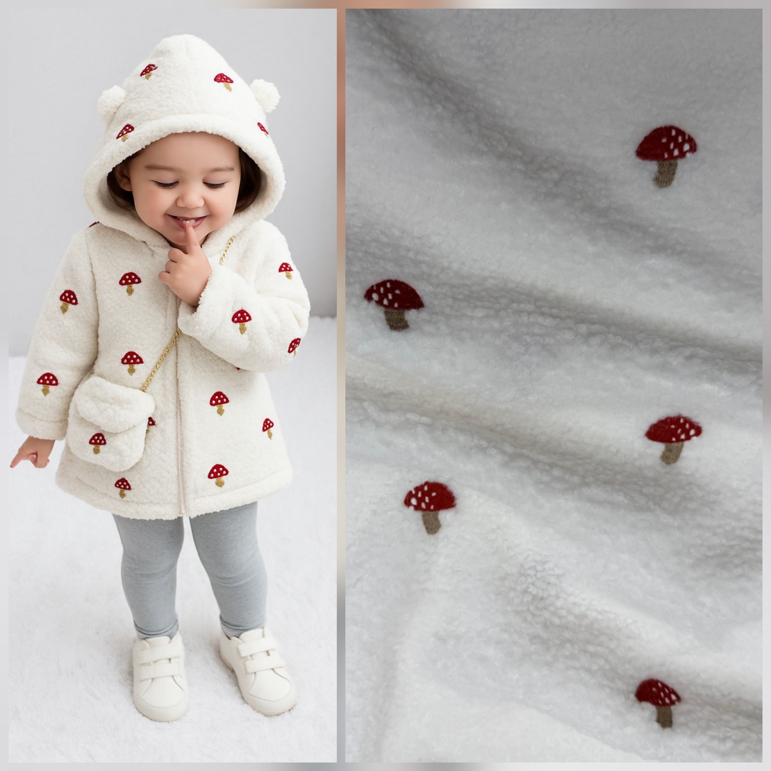 בוקלה טדי רקמת פטריות על רקע לבן חם