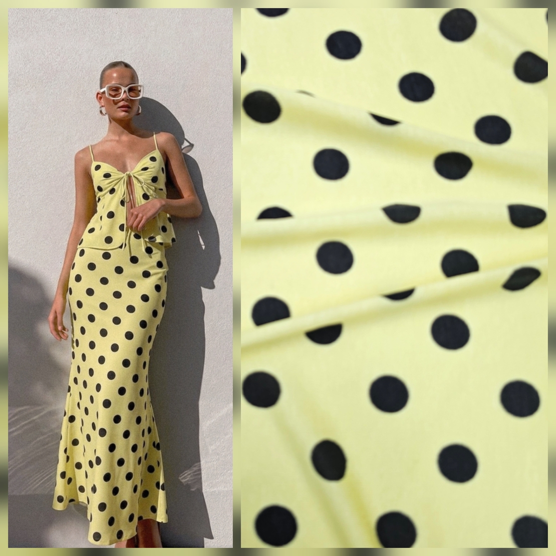 טריקו ויסקוזה דפוס נקודות שחורות על רקע צהוב בננה