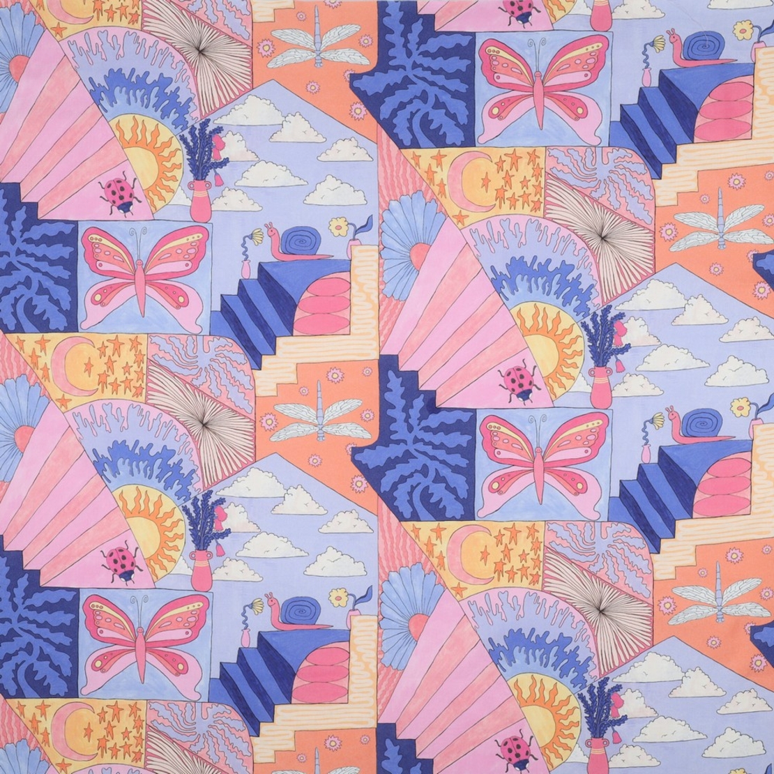 אריג כותנה דפוס דיגיטלי פרפרים וחיפושיות בגווני פסטל