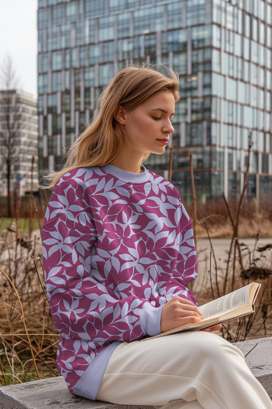 בד פוטר דפוס עלים דיגיטלי בגווני סגול