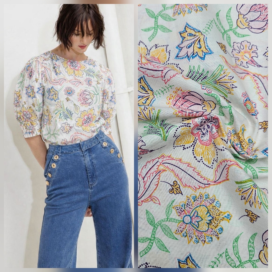 אריג כותנה דפוס בוהו על רקע לבן חם