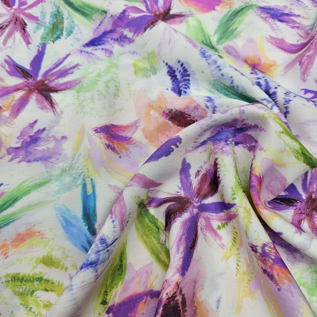 אריג ויסקוזה טנסל דפוס פריחת האקוורל בגווני לבנדר ירוק