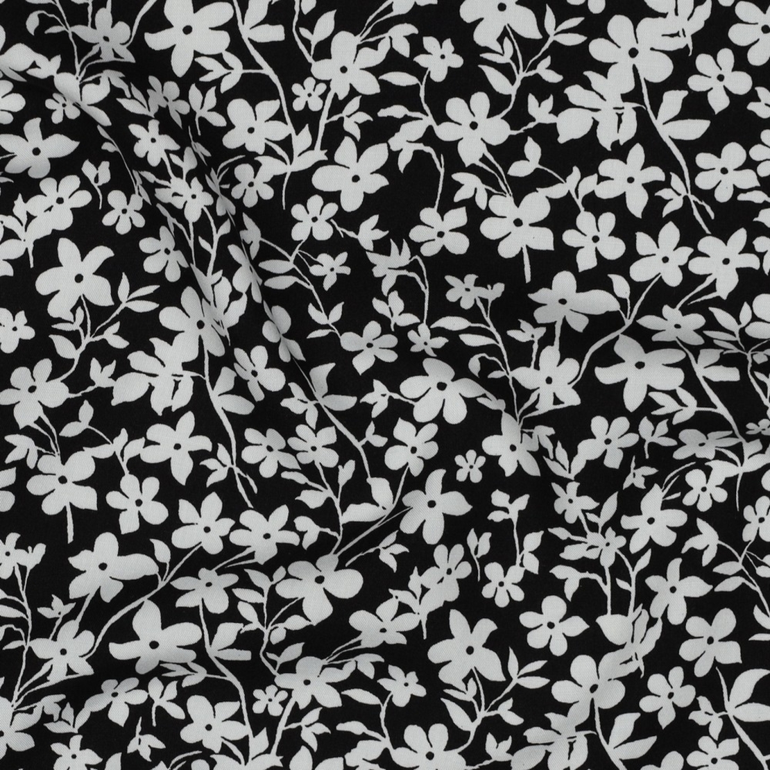 אריג ויסקוזה דפוס פרחים קטנים גווני שחור לבן דגם חן