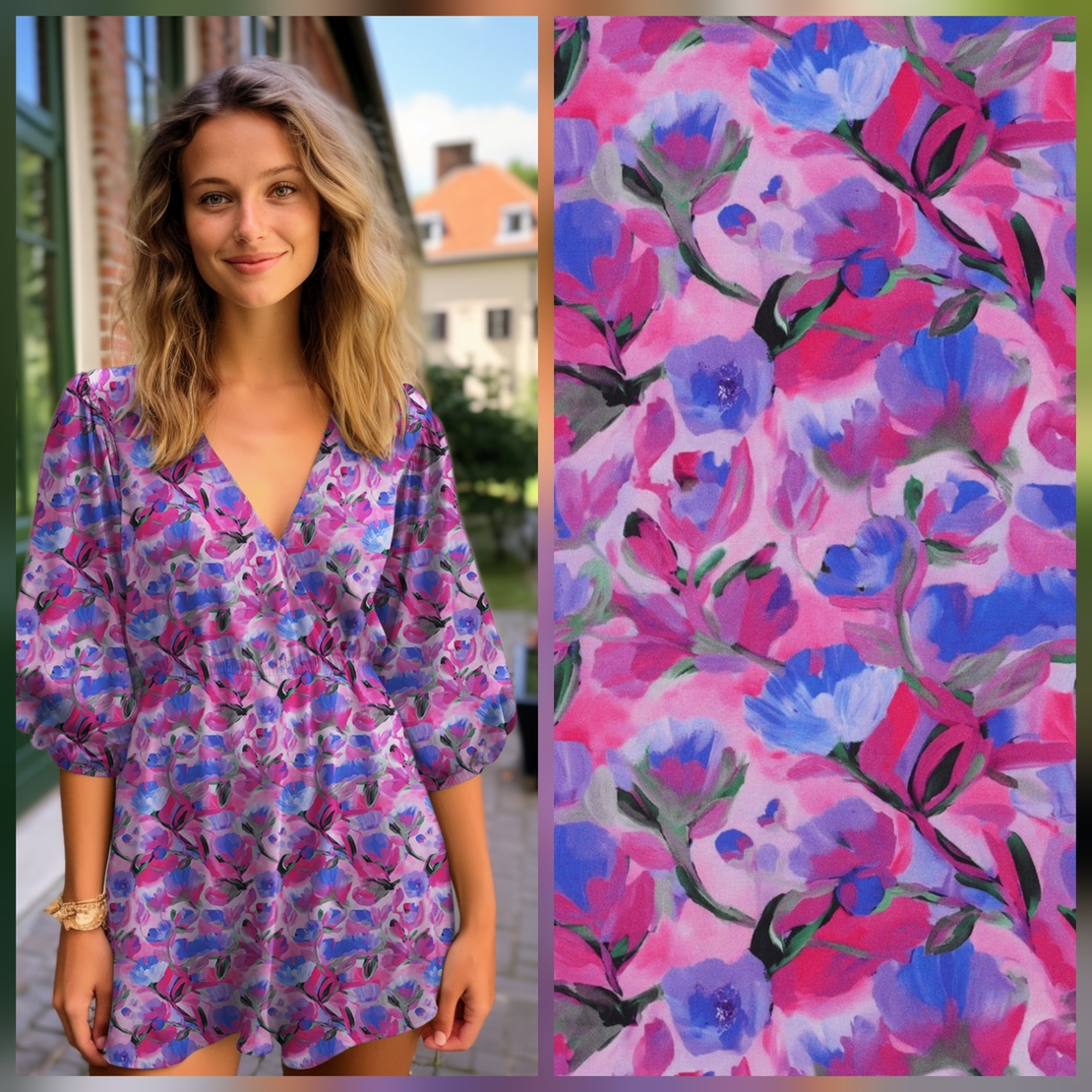 אריג ויסקוזה דפוס פנטזיה בורוד וכחול