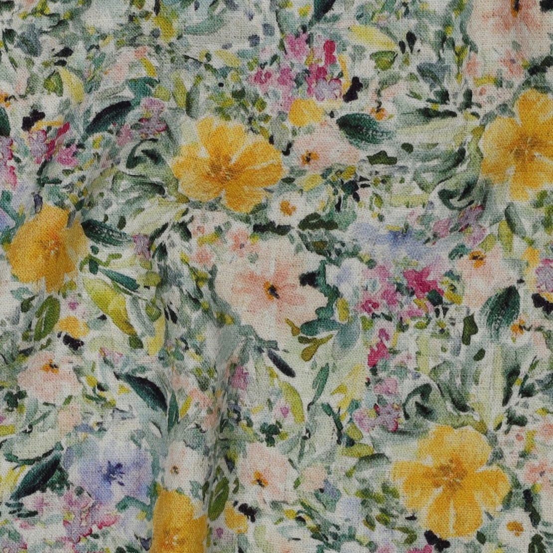 אריג פשתן ויסקוזה מכובס דפוס פרחים מצויירים דיגיטלי