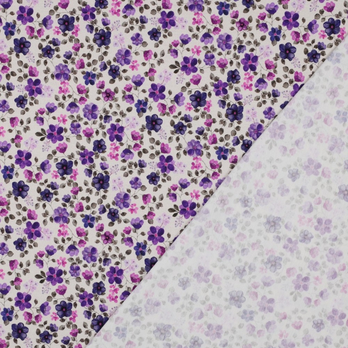 טריקו כותנה אורגני דפוס סיגליות על רקע לבן