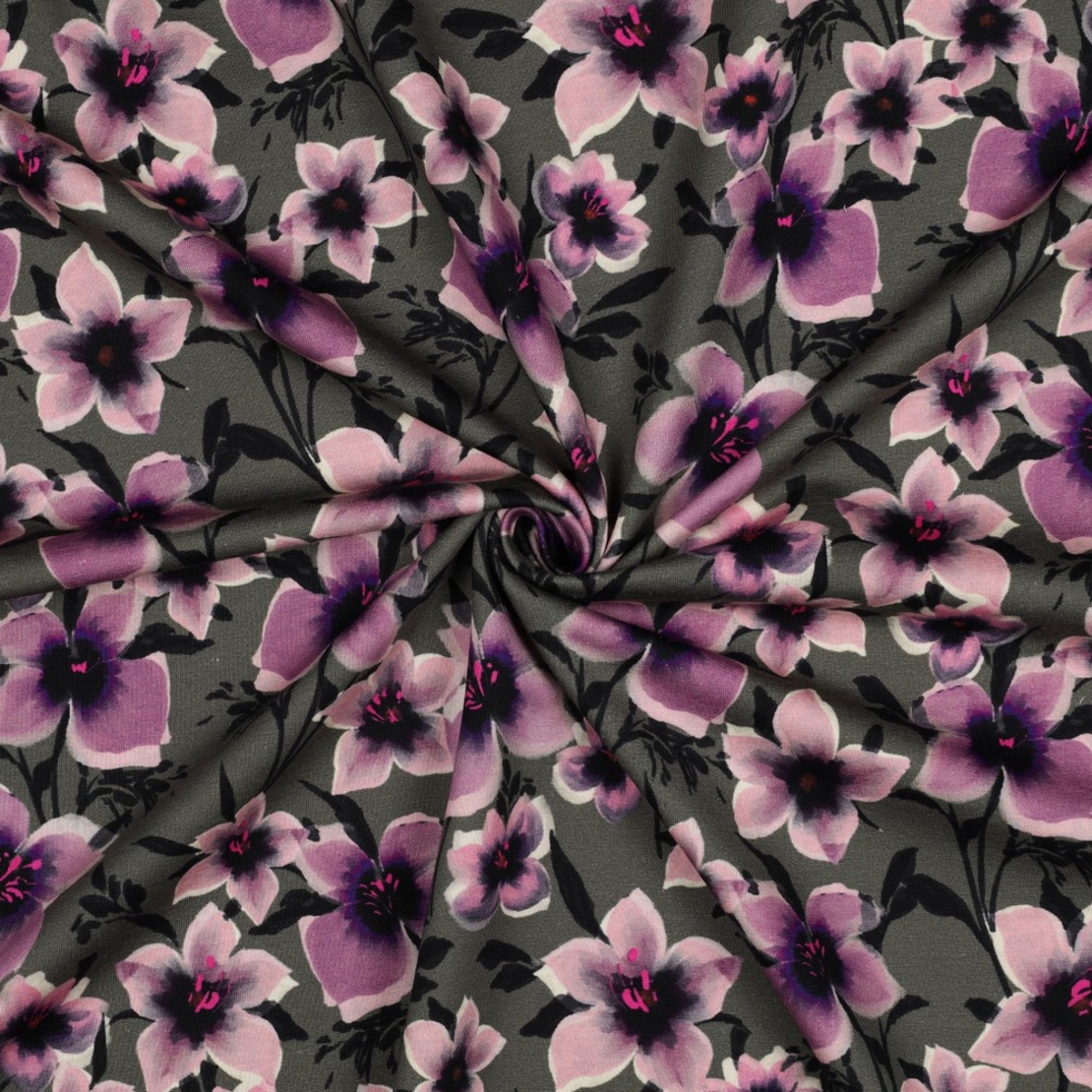 פרנץ טרי דפוס פרחים דיגיטלי סגולים על רקע ירוק יער