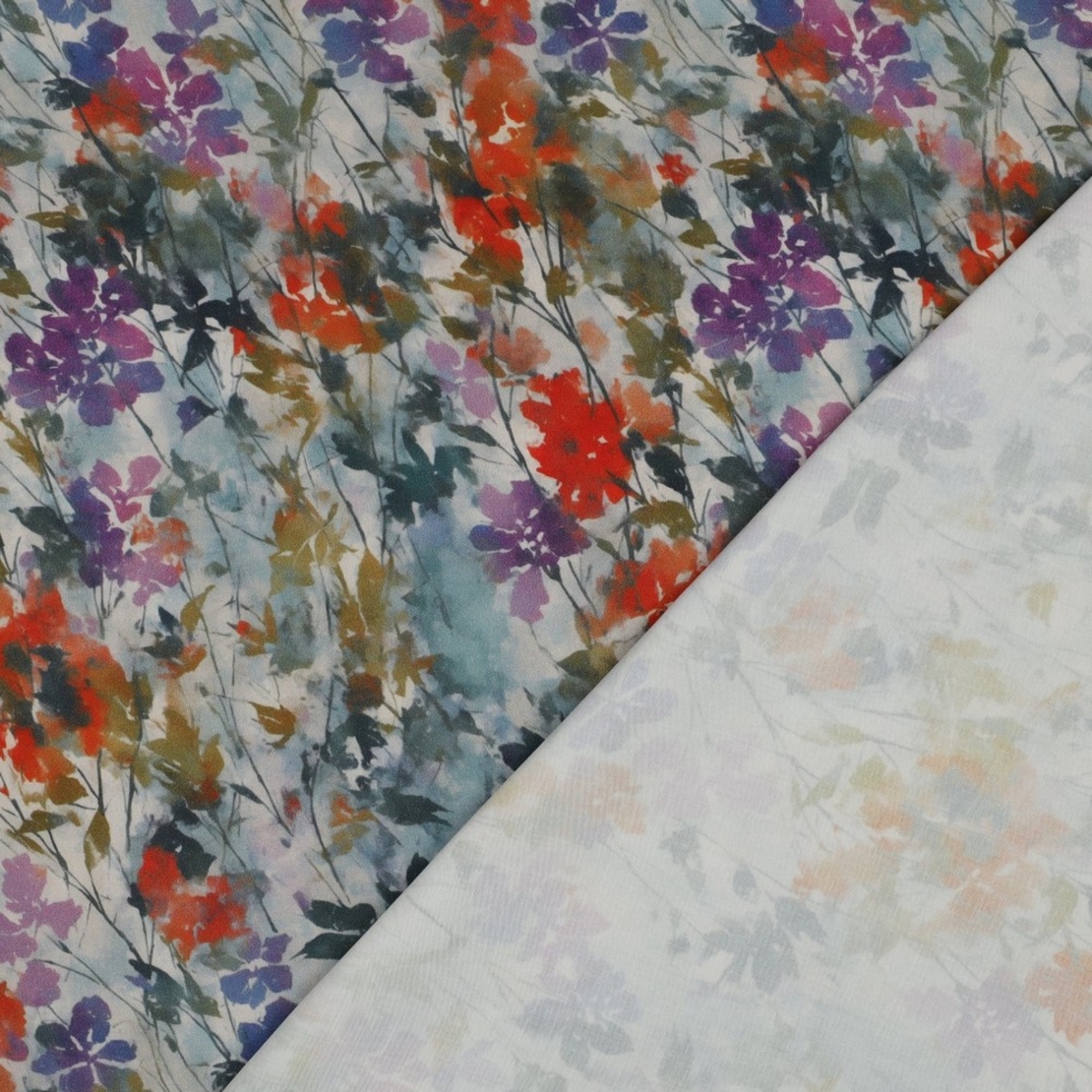 אריג ויסקוזה סטן דפוס פרחים דיגיטלי דגם בוטניקה רקע לבן