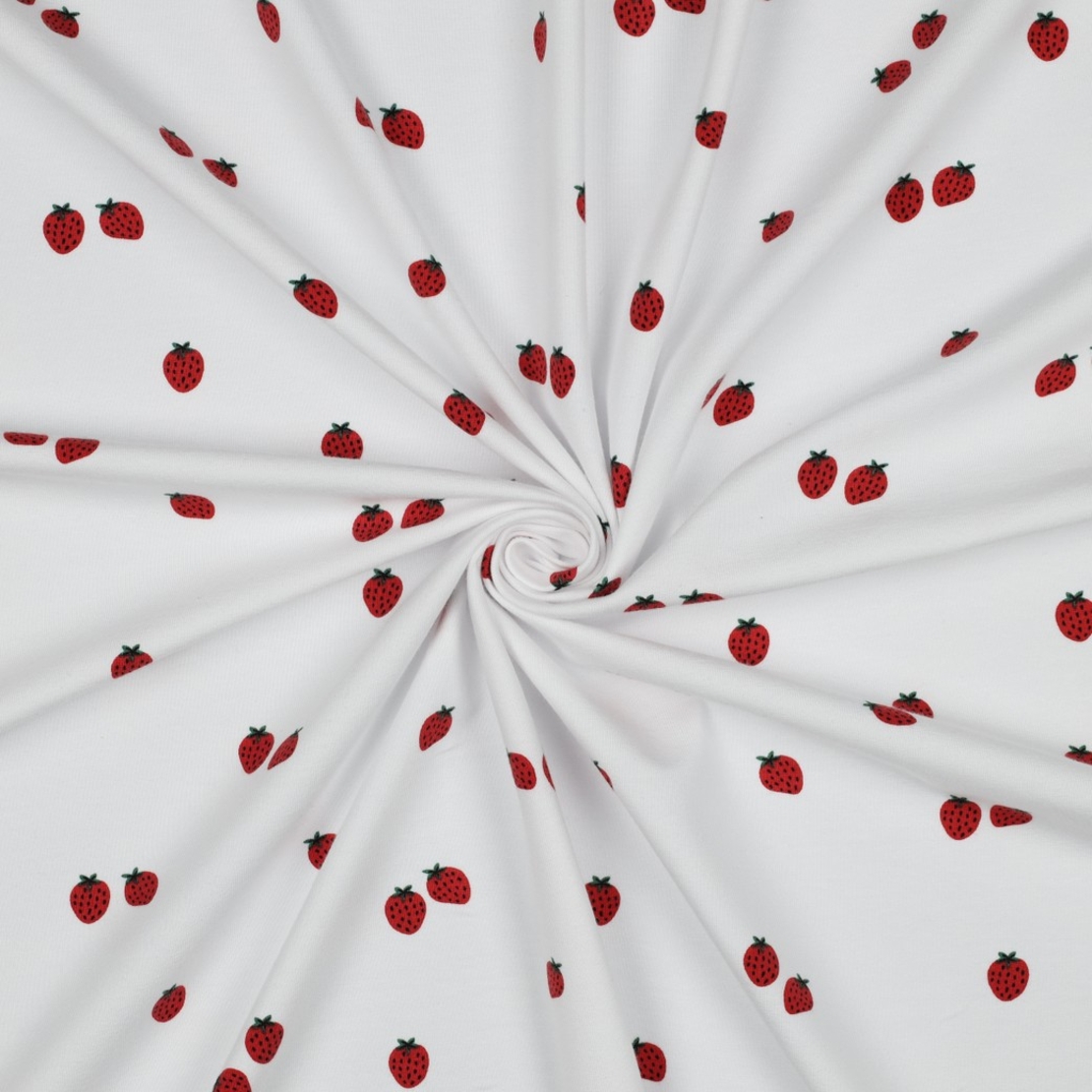 טריקו כותנה אורגני דפוס תותים על רקע לבן