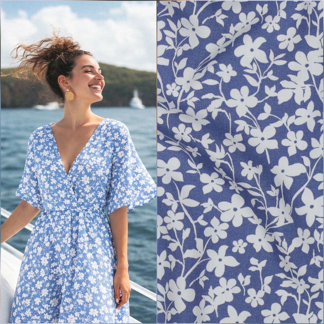 אריג ויסקוזה דפוס פרחים קטנים על רקע כחול גינס דגם חן