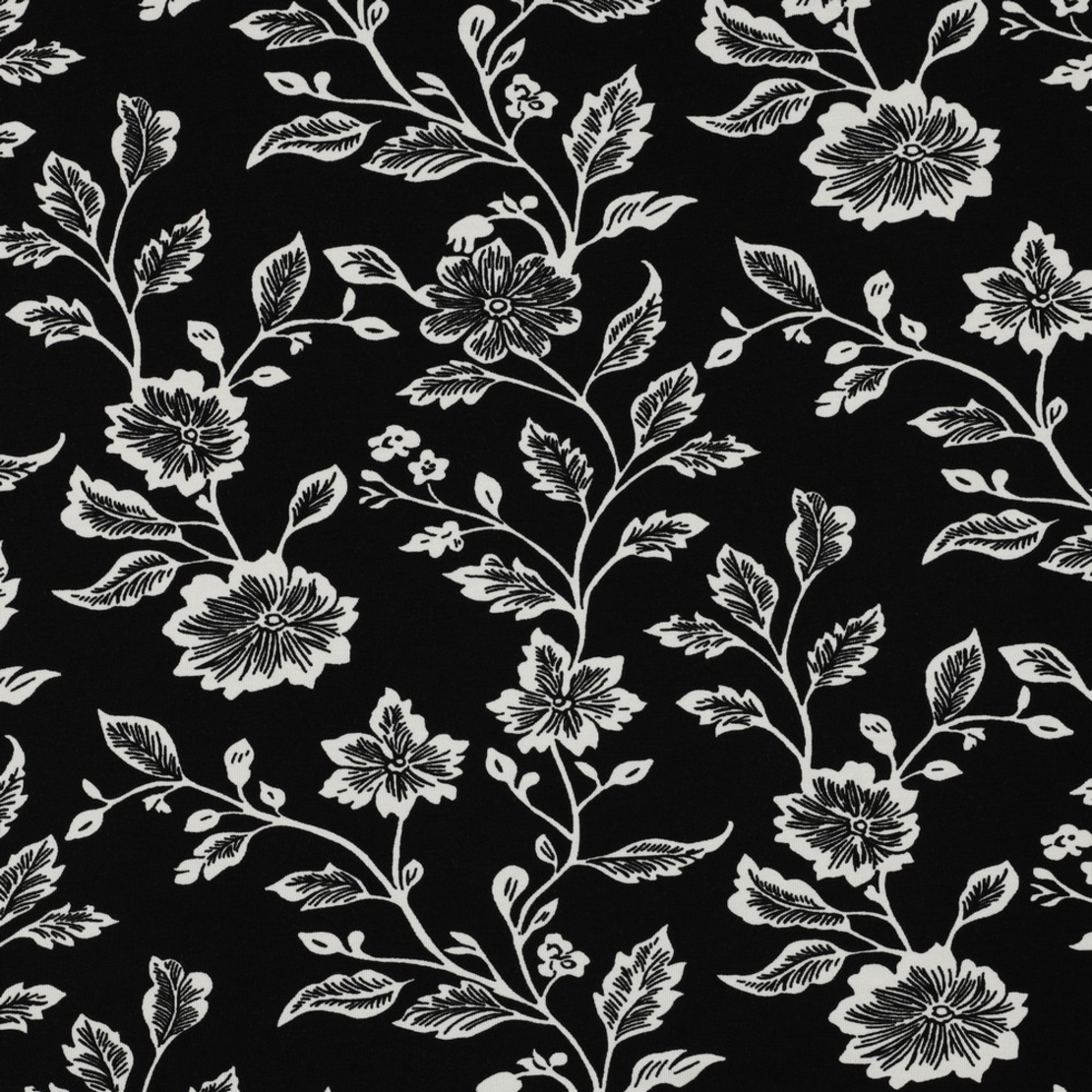 טריקו ויסקוזה פרחים מצויירים על רקע שחור