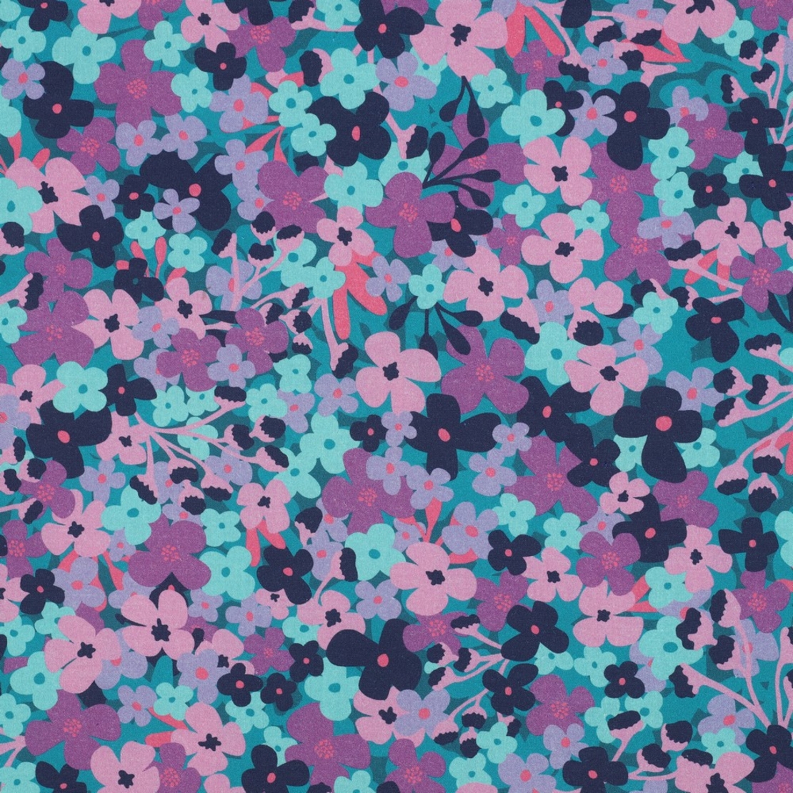 אריג כותנה עמיד במים דפוס פרחים גווני סגול פטרול ומנטה