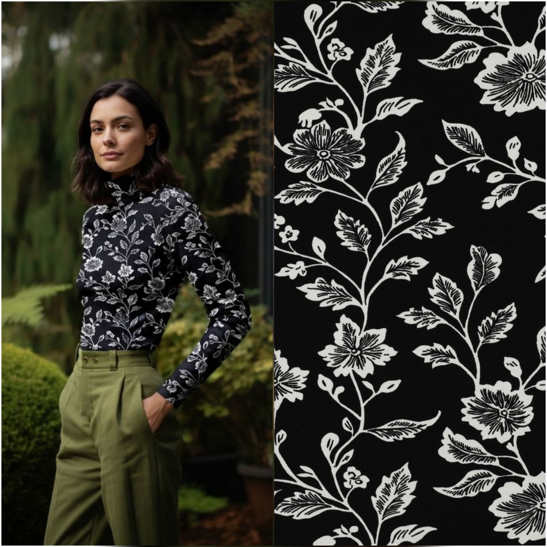 טריקו ויסקוזה פרחים מצויירים על רקע שחור