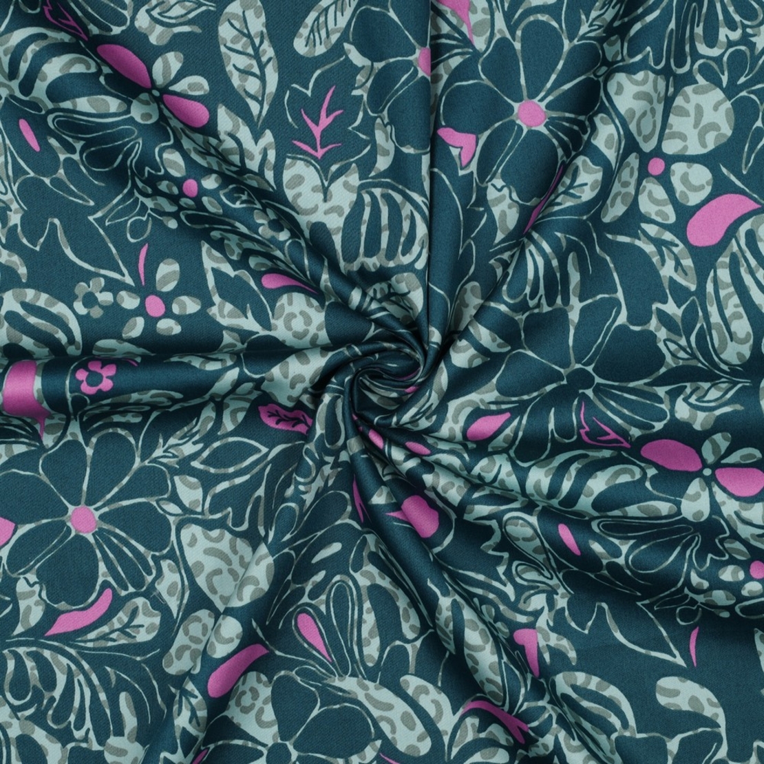 אריג כותנה סטן דפוס עלים טרופיים על רקע ירוק