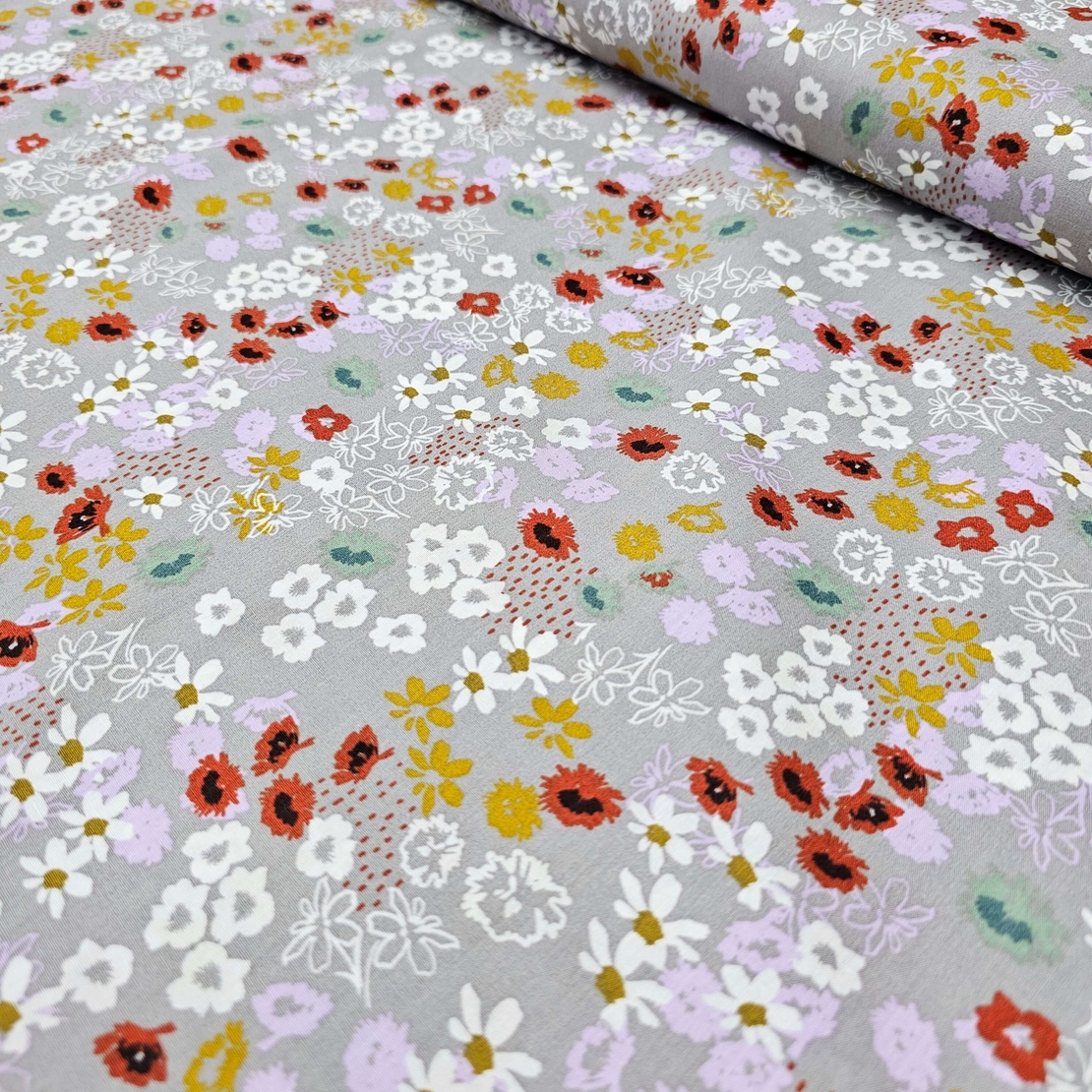 אריג כותנה פרחים בסגנון כפרי על רקע אפור דגם מאי