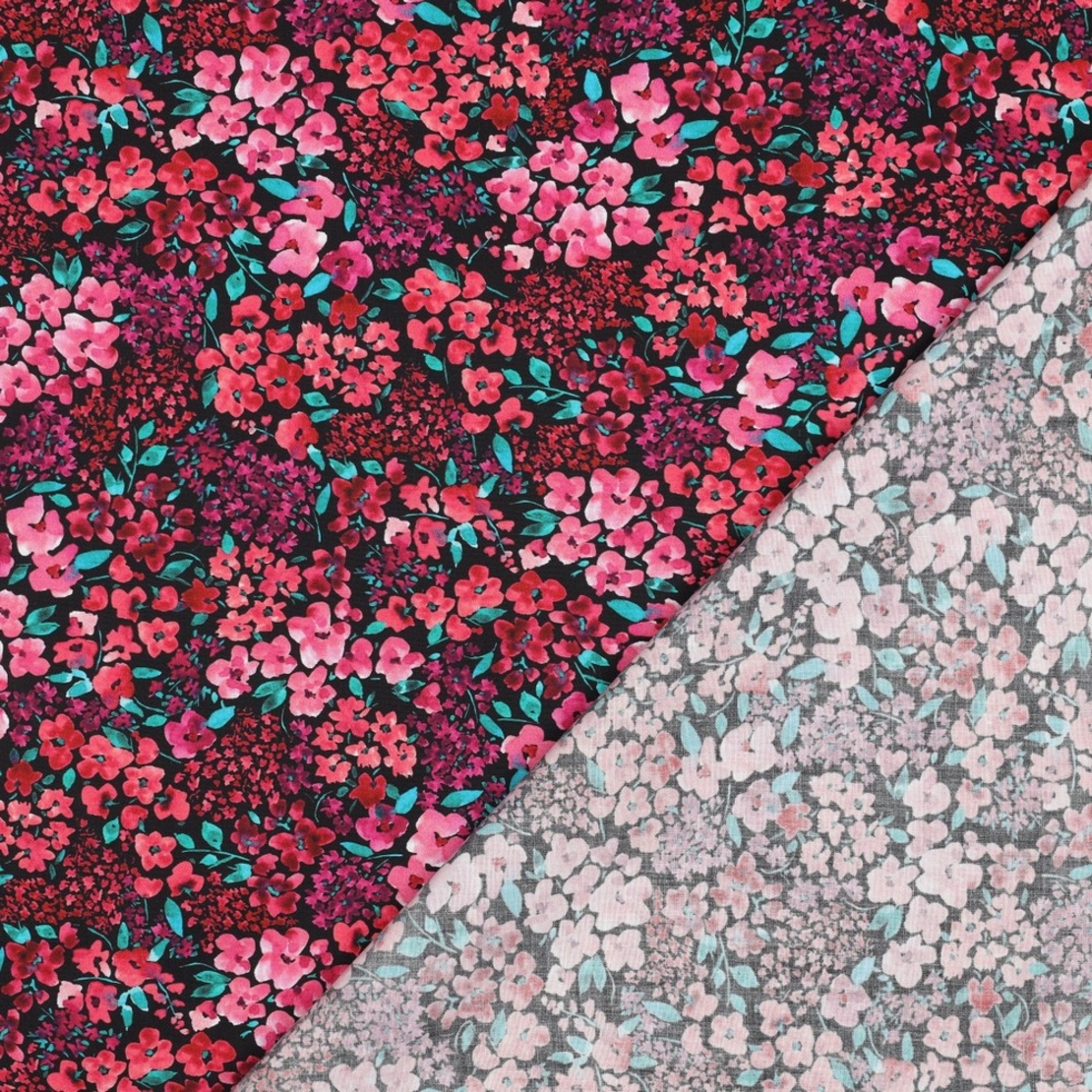 אריג כותנה דפוס פריחה מרהיבה על רקע שחור