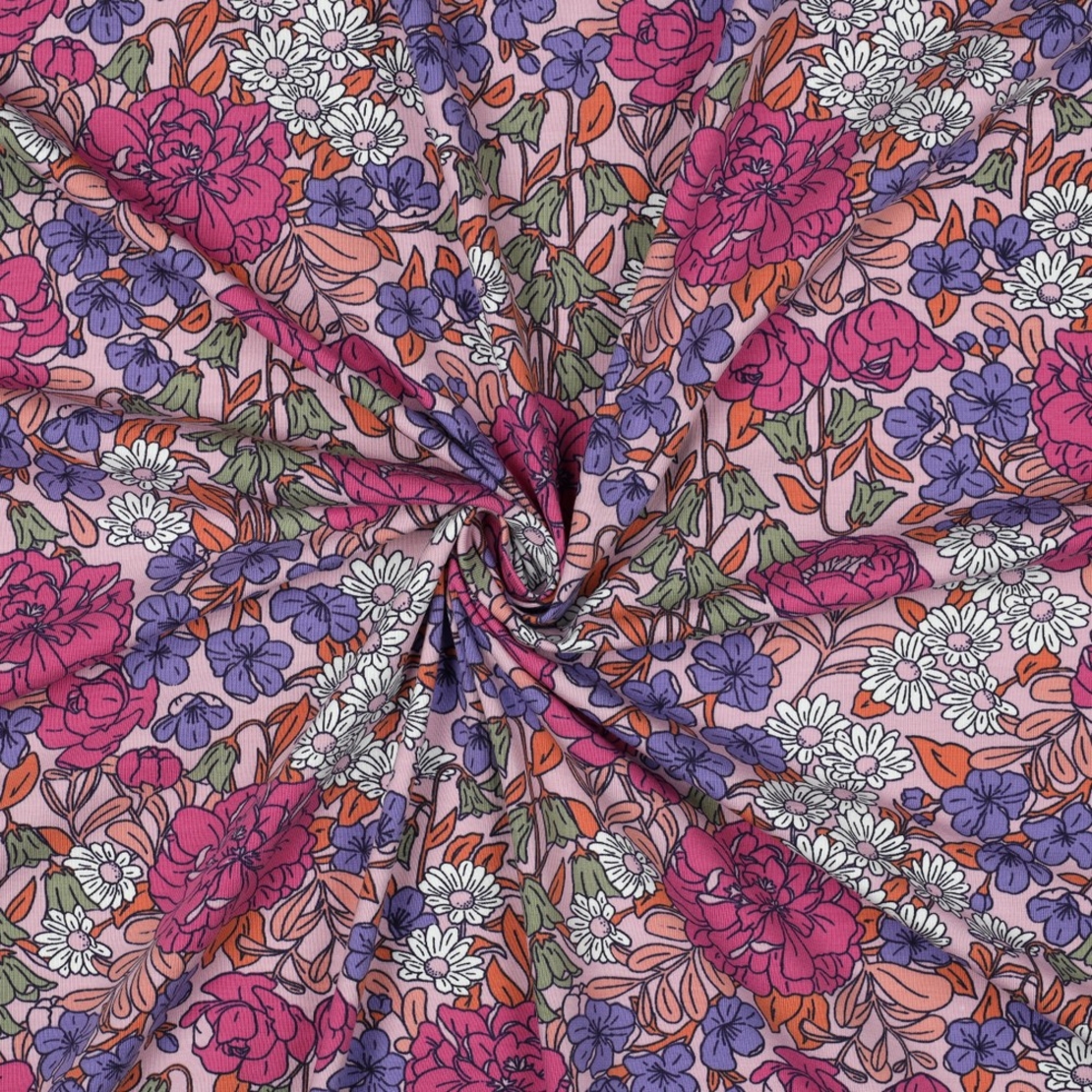 טריקו כותנה דפוס חגיגת הפרחים על רקע ורוד