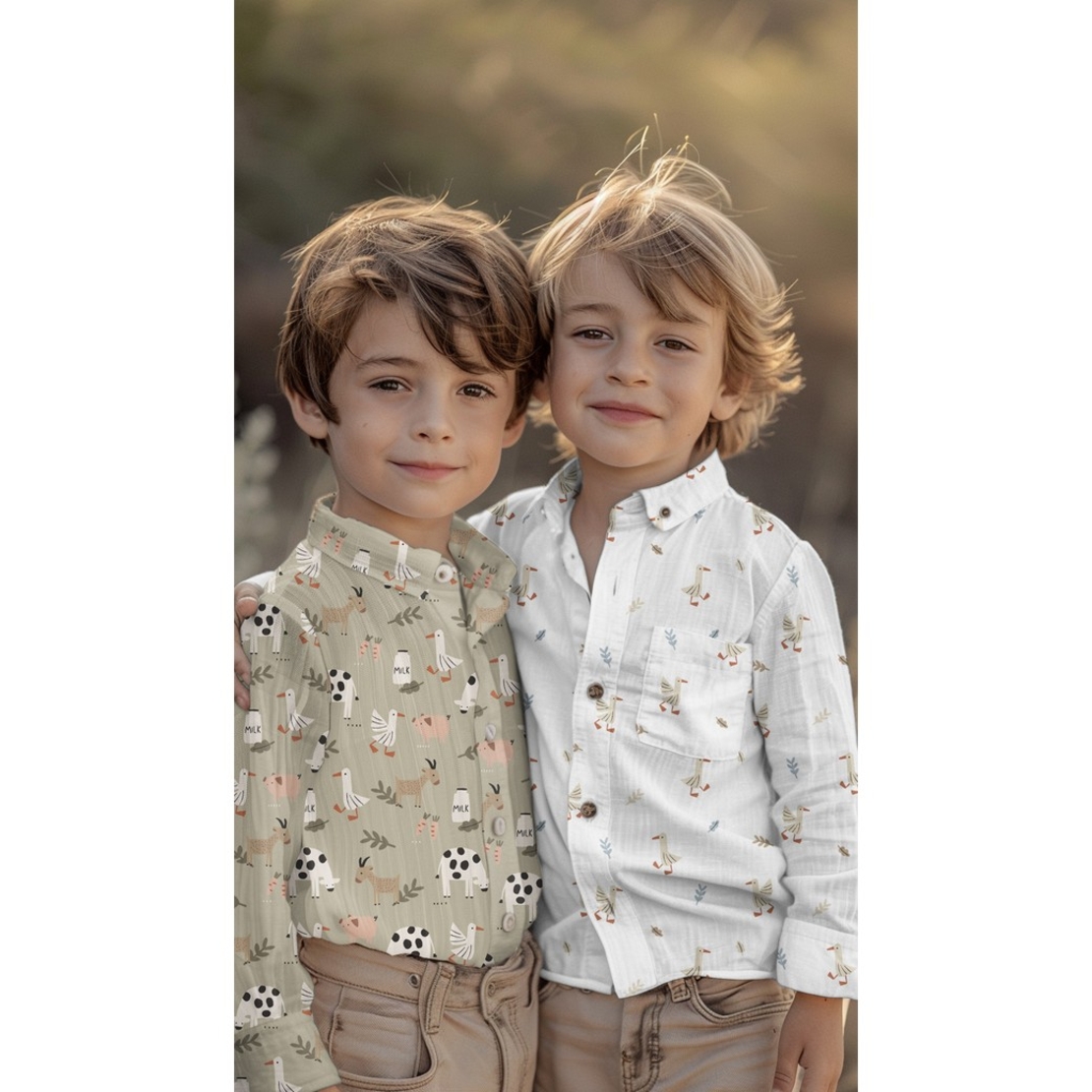 אריג כותנה דפוס אווזים בחווה על רקע ירוק מרווה