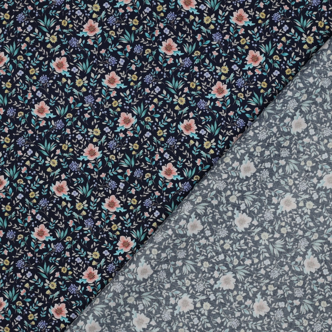 אריג כותנה דפוס פרחים דיגיטלי עדינים על רקע נייבי