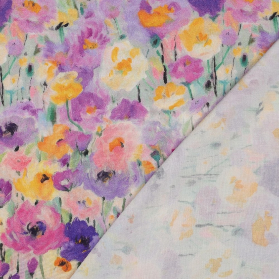 אריג ויסקוזה סטן דפוס פרחים דיגיטלי בגוונים רכים