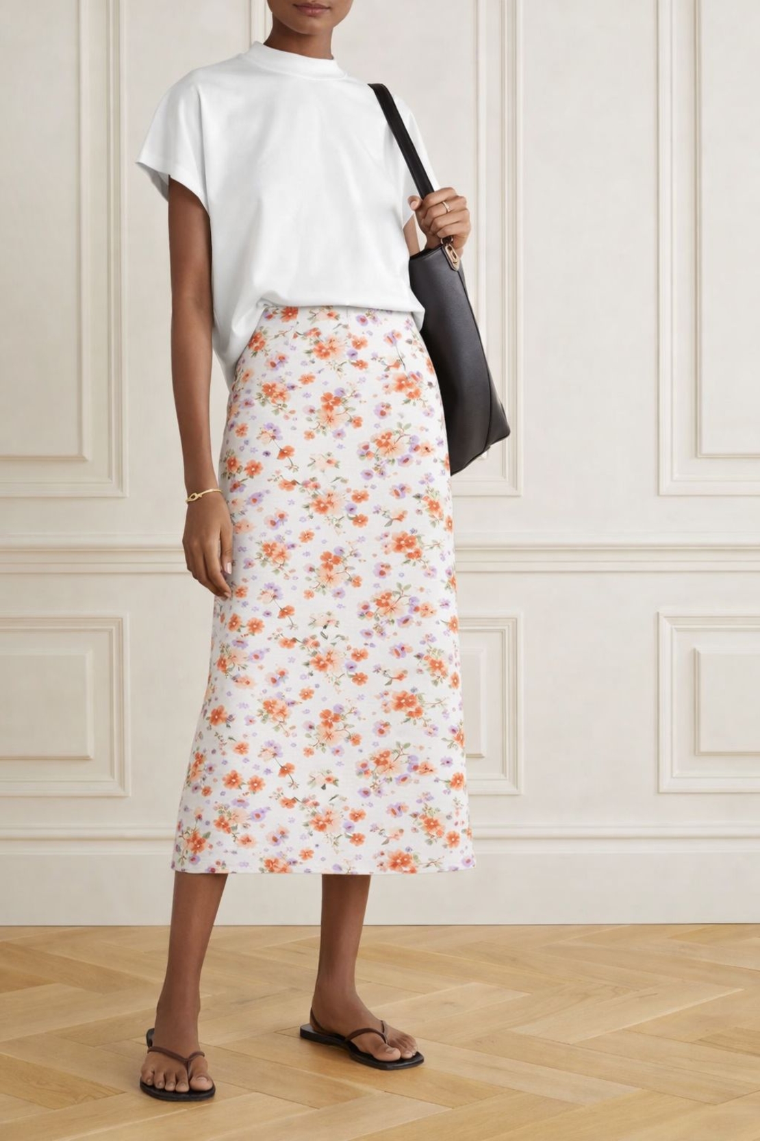 טריקו כותנה אורגני פרחים על רקע לבן דגם שרון