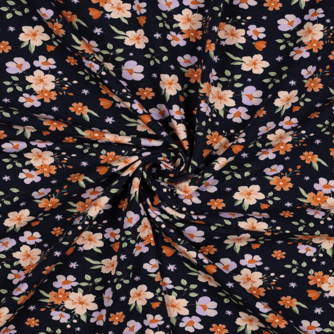 טריקו אורגני פרחים על רקע נייבי דגם שרון