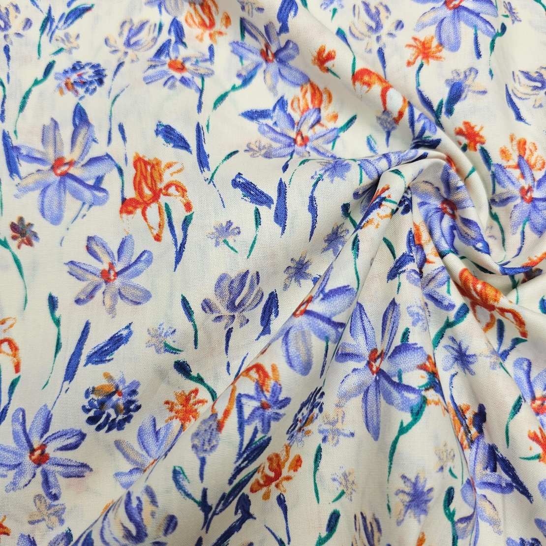 אריג כותנה דפוס גן פורח בסגול