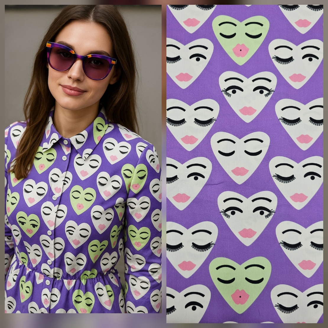 אריג כותנה דפוס לבבות שמחים על רקע סגול