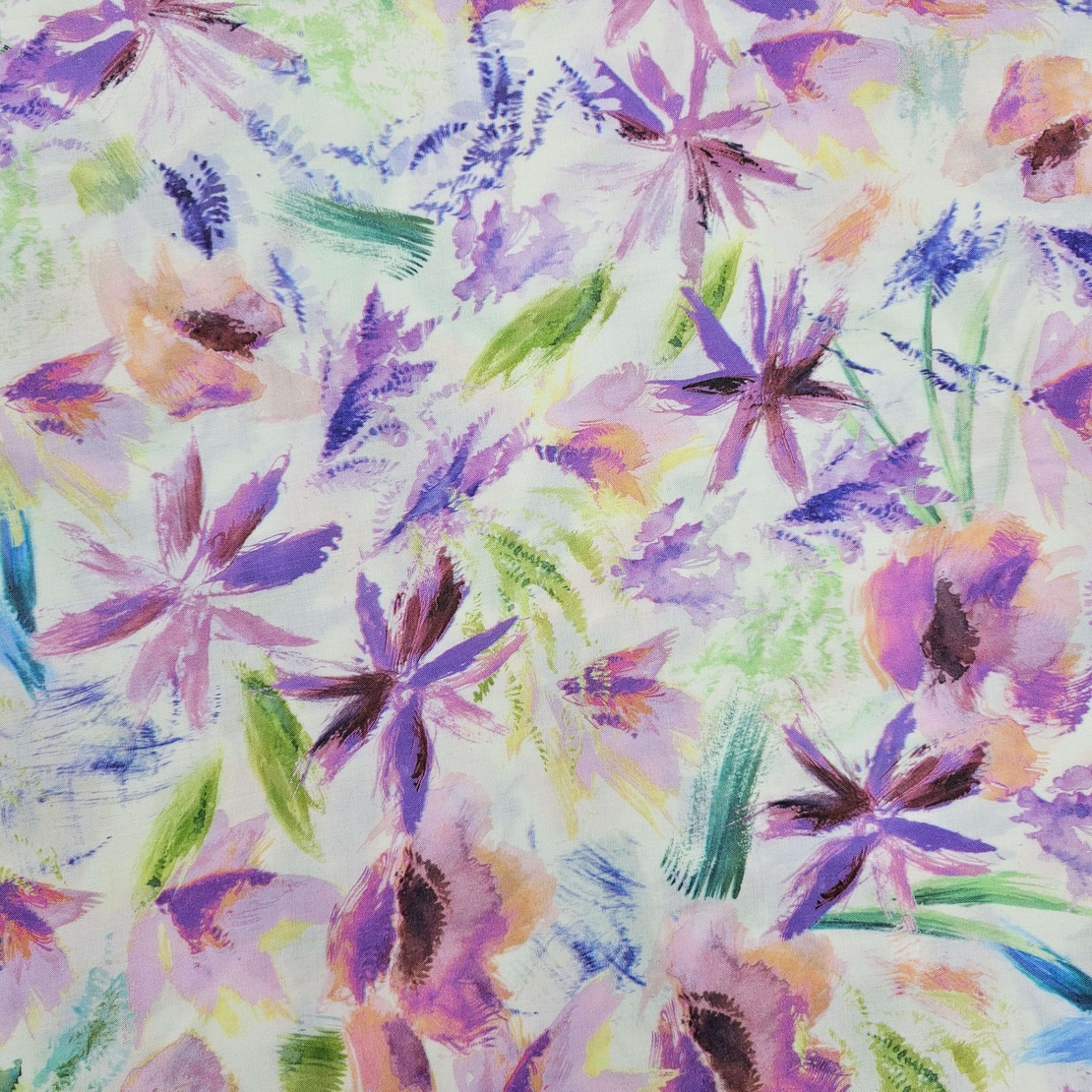 אריג ויסקוזה טנסל דפוס פריחת האקוורל בגווני לבנדר ירוק