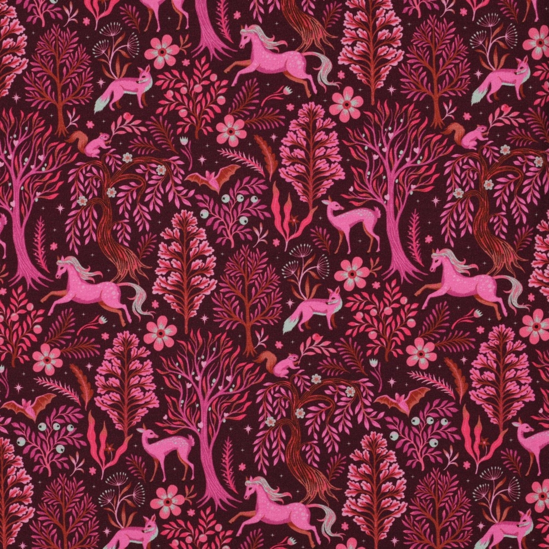 פרנץ טרי דפוס דיגיטלי חיות היער על רקע בורדו