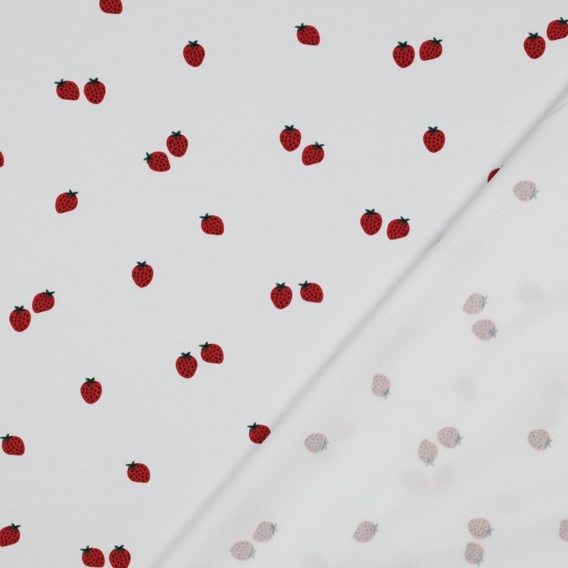 טריקו כותנה אורגני דפוס תותים על רקע לבן